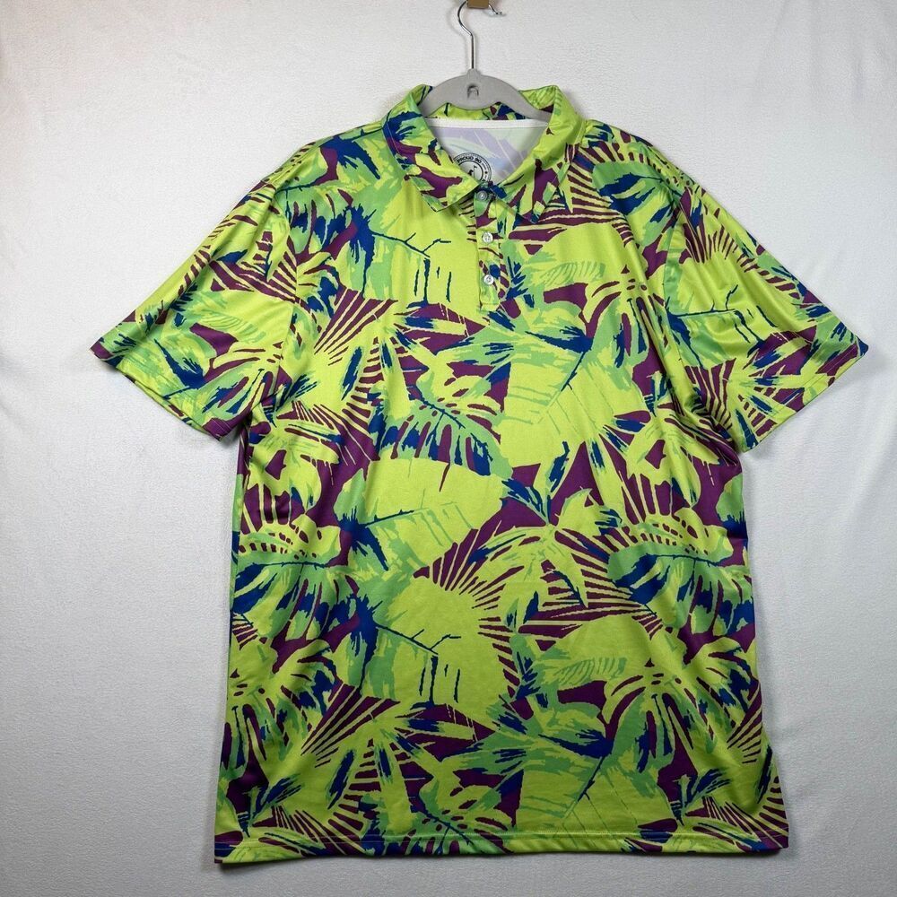 Proud 90 Golf Polo Shirt Mens XL Green Tropical Palm Print Performance Stretch